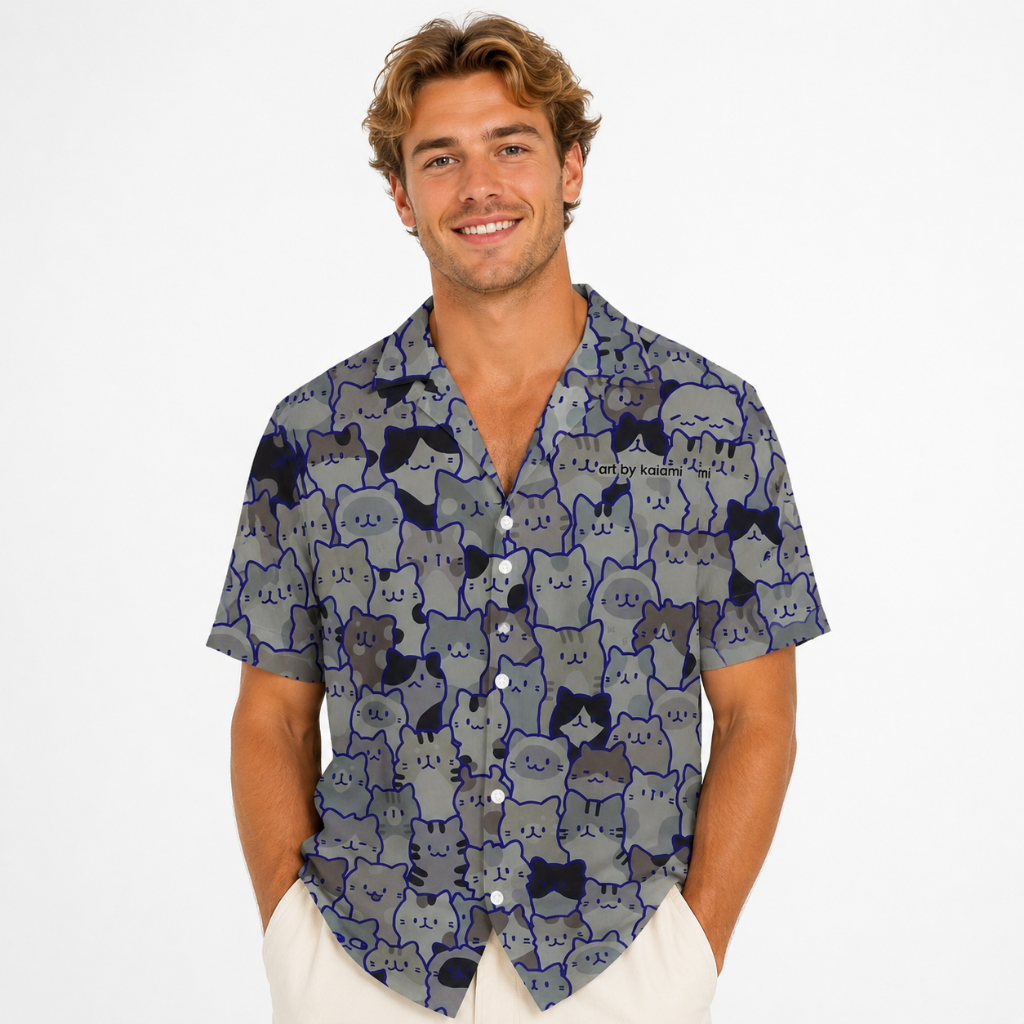 Men's Casual Short Sleeve Cat Print Button-Up Shirt