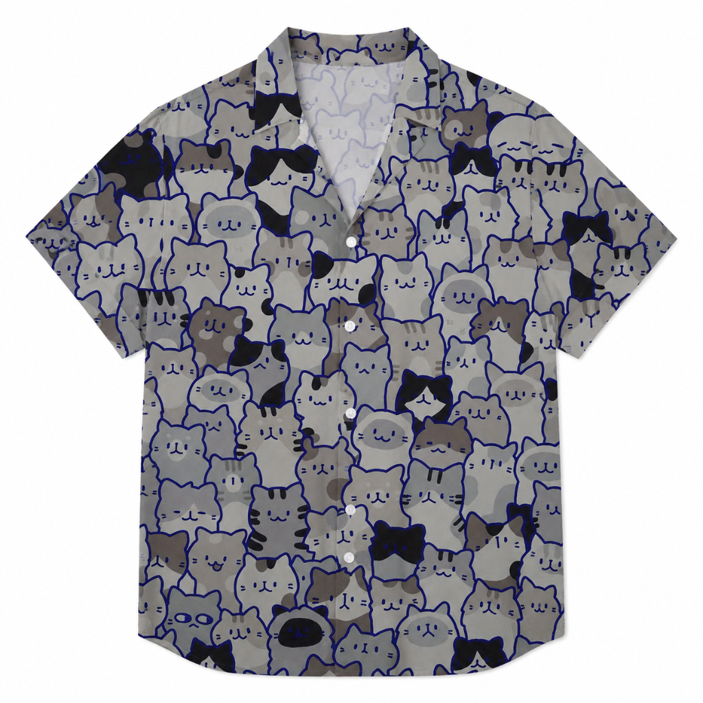 Men's Casual Short Sleeve Cat Print Button-Up Shirt