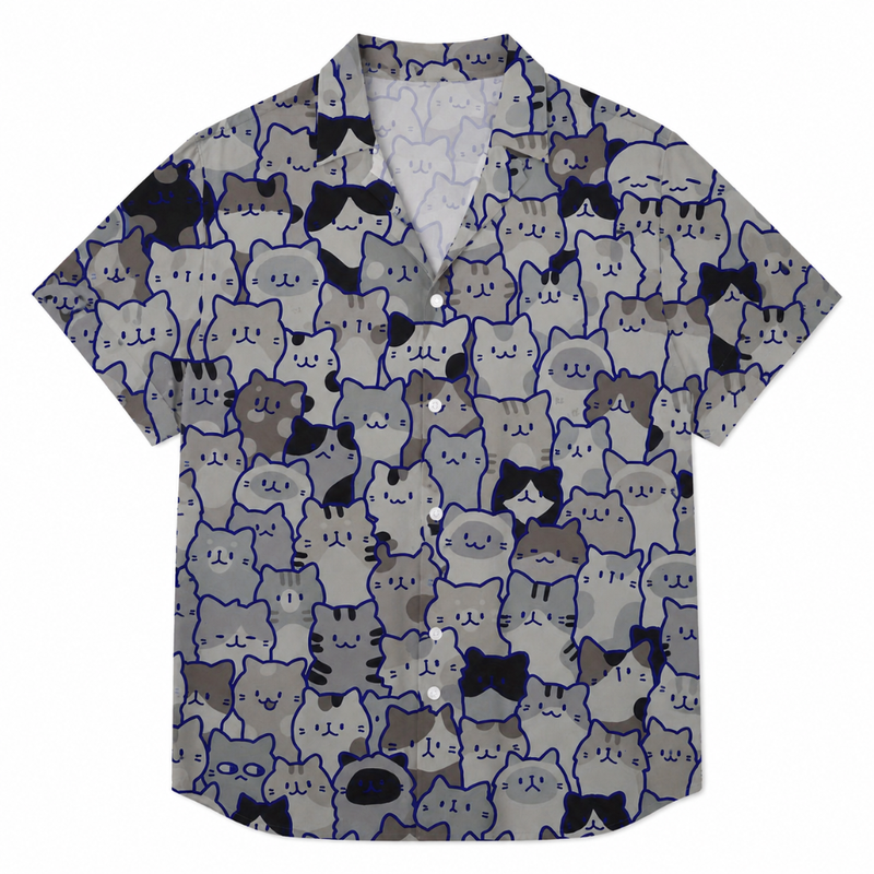 Men's Casual Short Sleeve Cat Print Button-Up Shirt