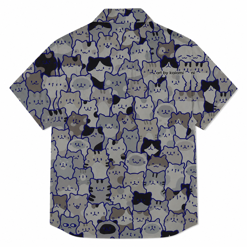 Men's Casual Short Sleeve Cat Print Button-Up Shirt