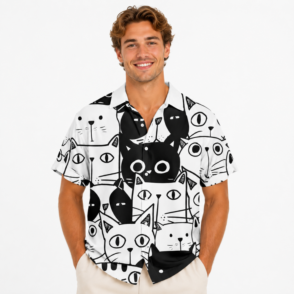 Men's Casual 3D Cat Print Hawaiian Button-Up Shirt