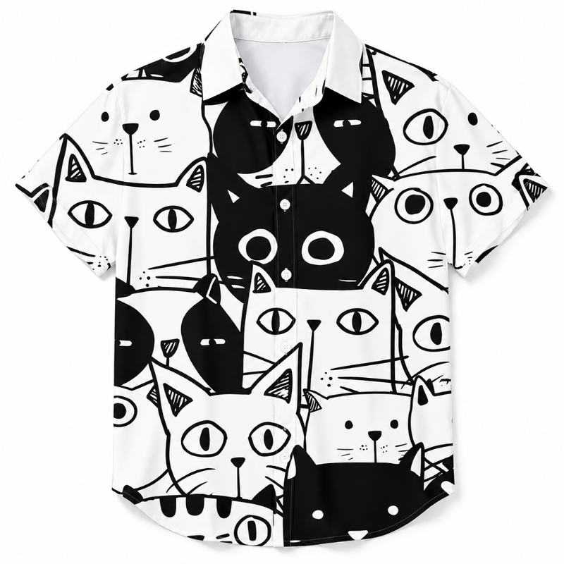 Men's Casual 3D Cat Print Hawaiian Button-Up Shirt