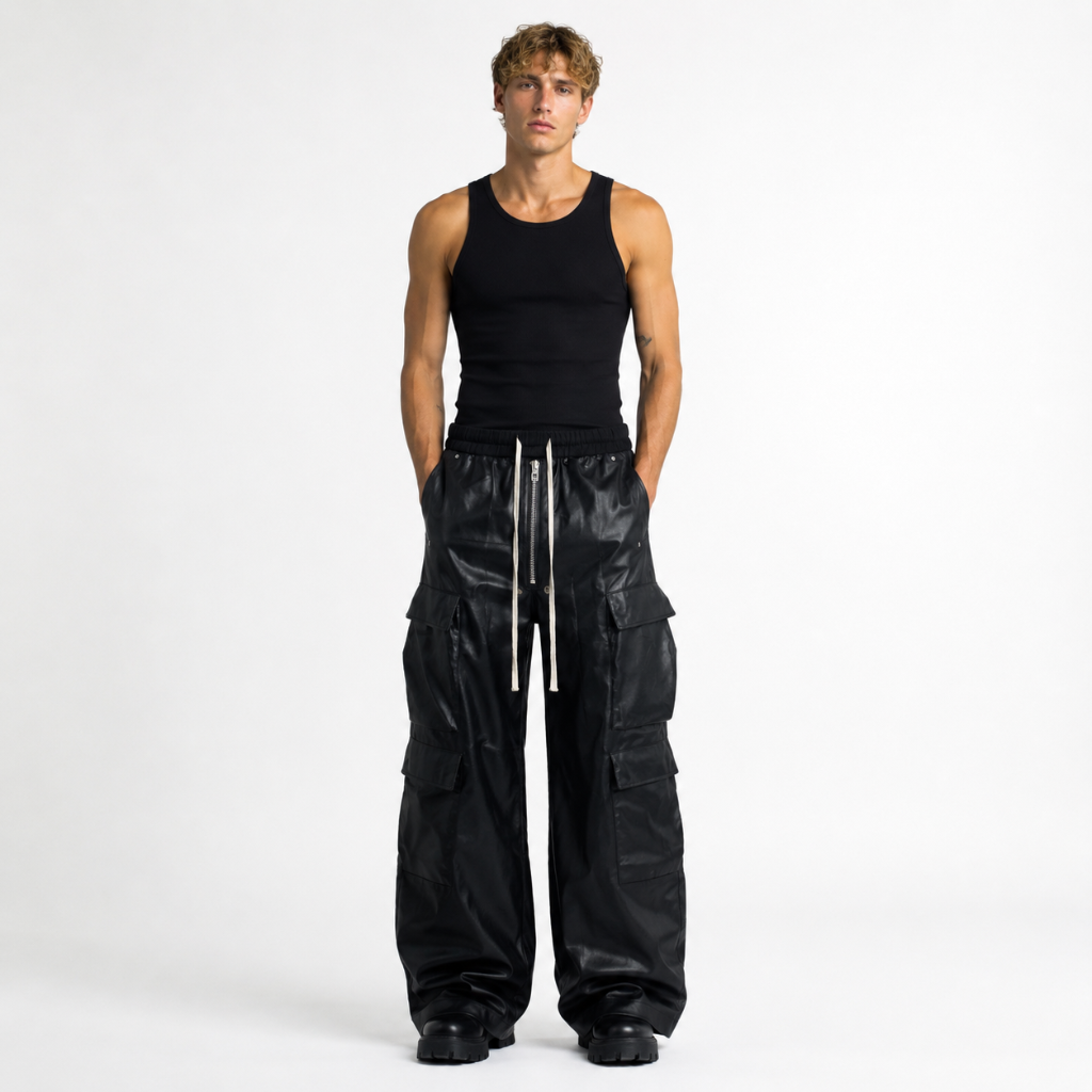 Faux Leather Multi-Pocket Flared Pants