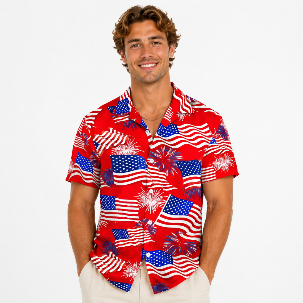 Men's Patriotic Flag Print Beach Shirt
