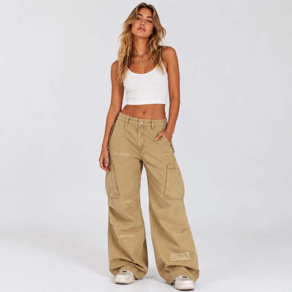 Distressed Pleated Multi-Pocket Cargo Pants