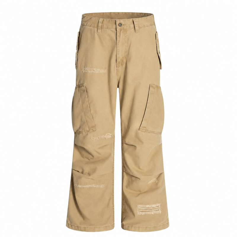 Distressed Pleated Multi-Pocket Cargo Pants