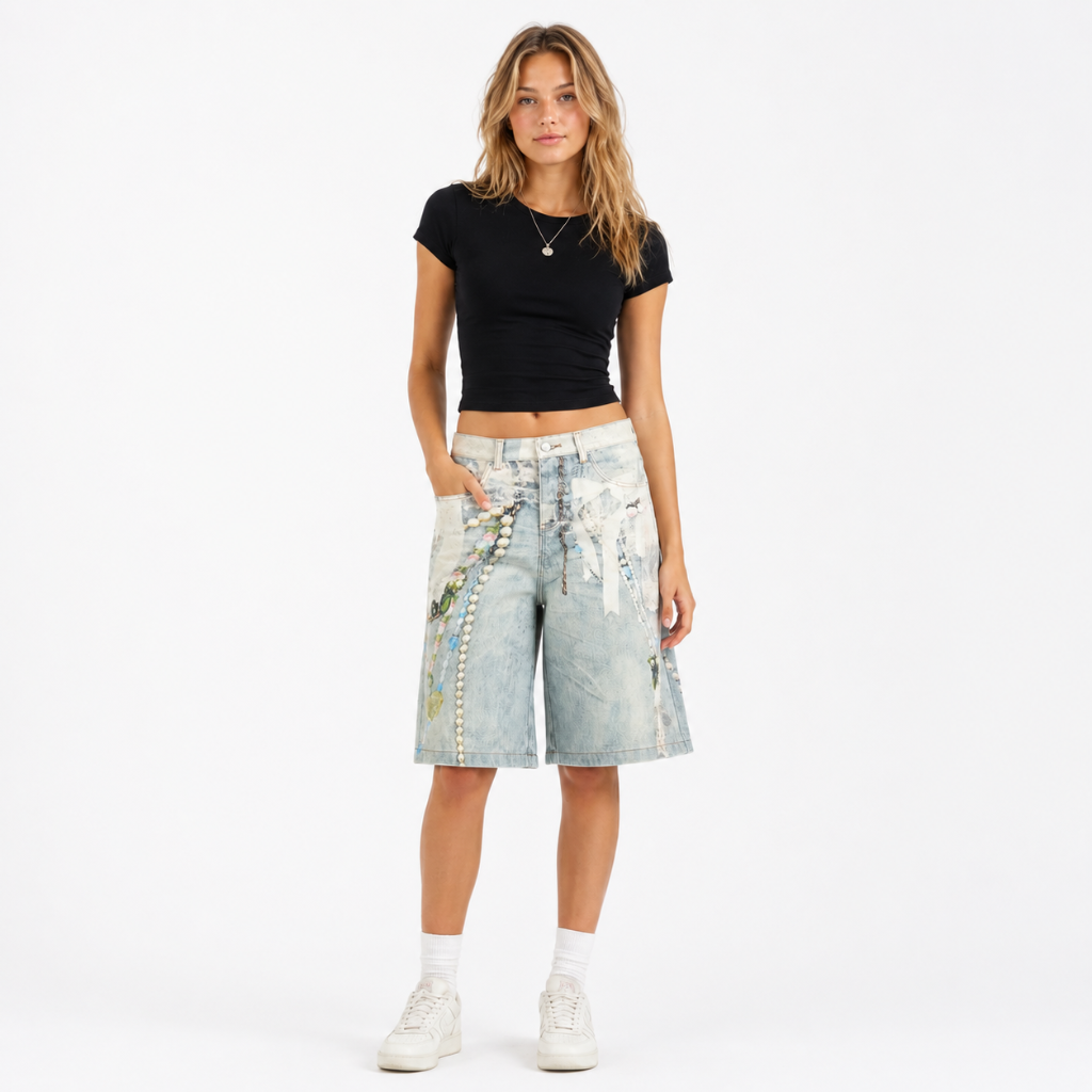 Pearl Charm Graphic Denim Shorts