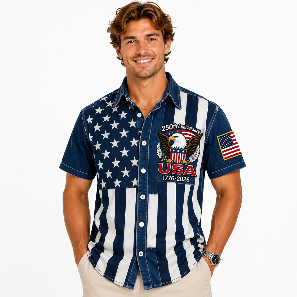 Patriotic Eagle Denim Print Button-Up Shirt