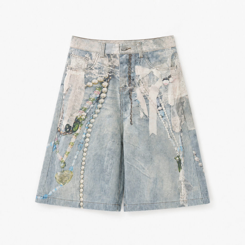 Pearl Charm Graphic Denim Shorts