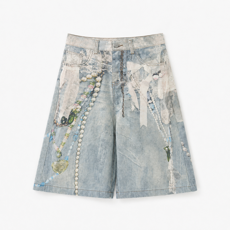 Pearl Charm Graphic Denim Shorts