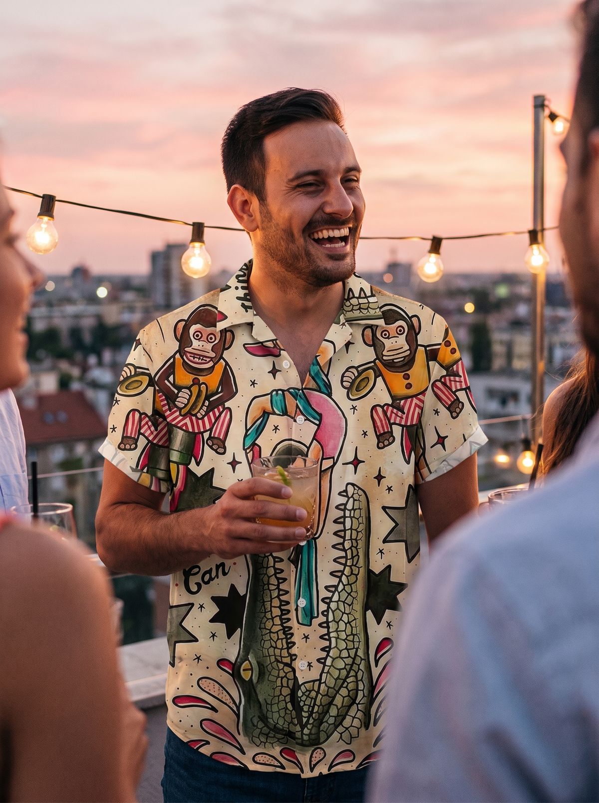Printed shirt at a rooftop bar at dusk