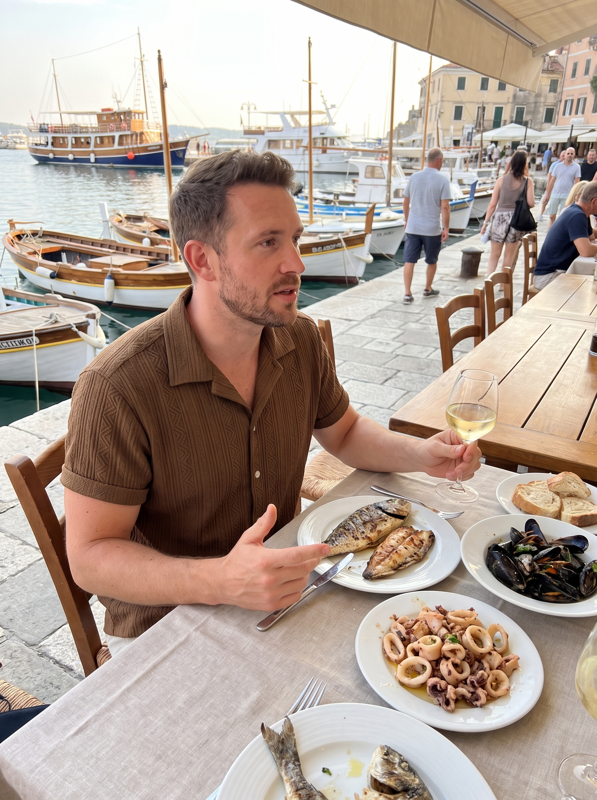 Renaissance textured shirt at a harbourside long lunch