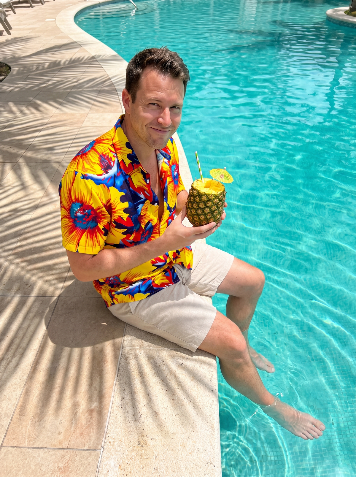 Tropical Bloom aloha shirt and linen shorts poolside